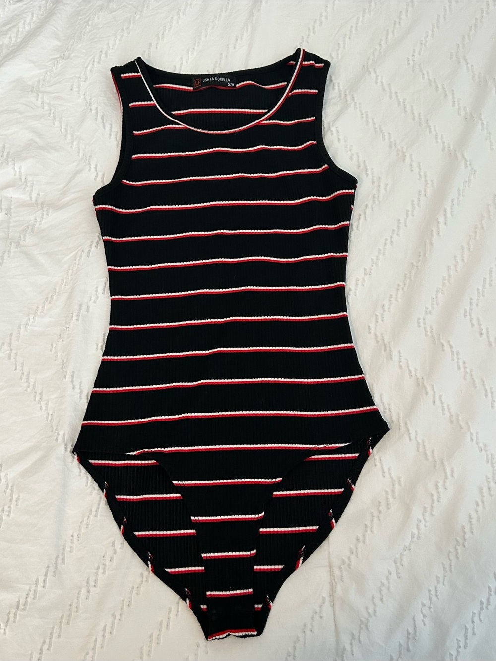 Women’s Black White Red Striped Sleeveless Tank Bodysuit USA LA SORELLA Size S/M